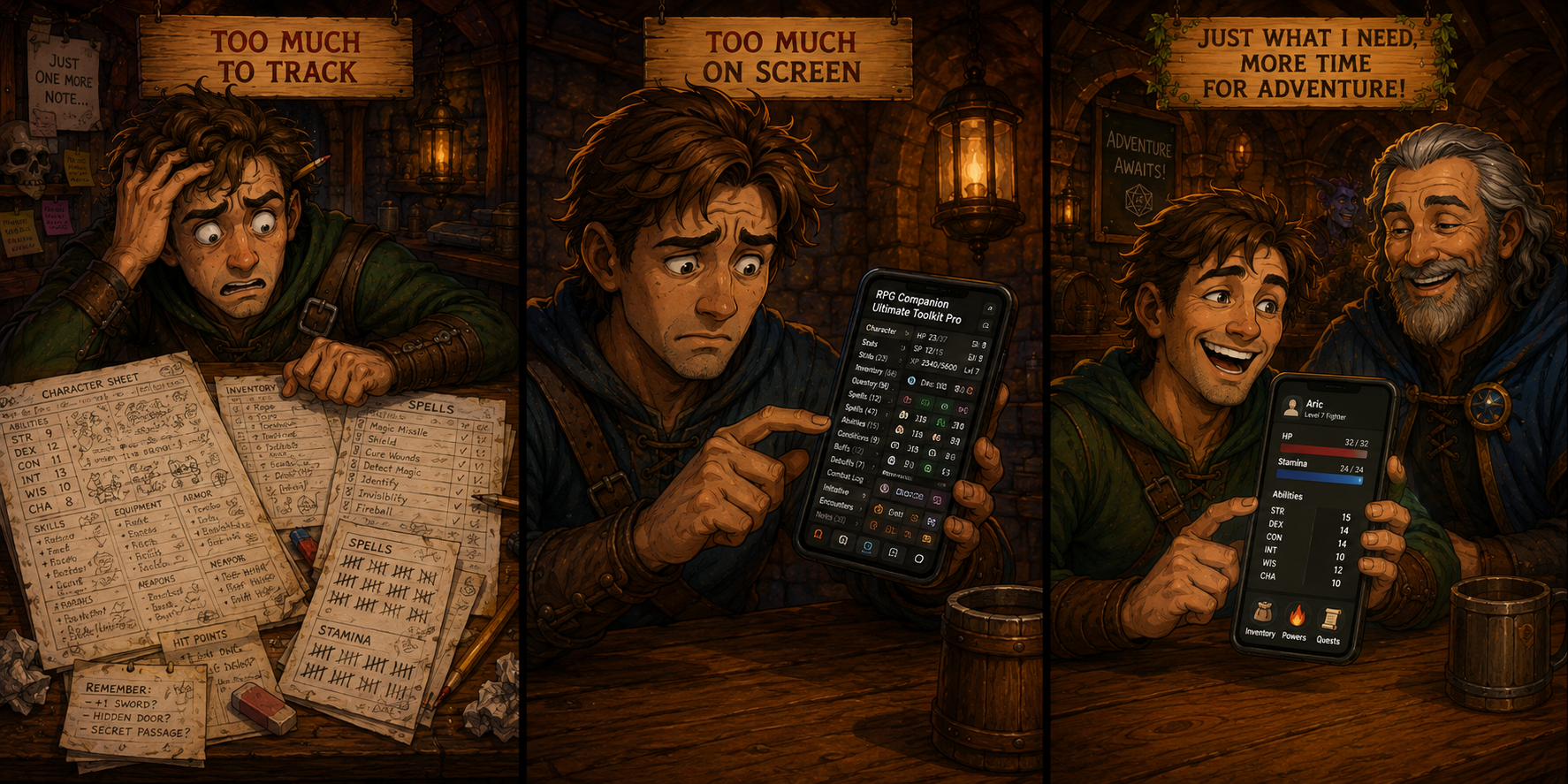 RPGMeister on a phone, showing a focused character screen