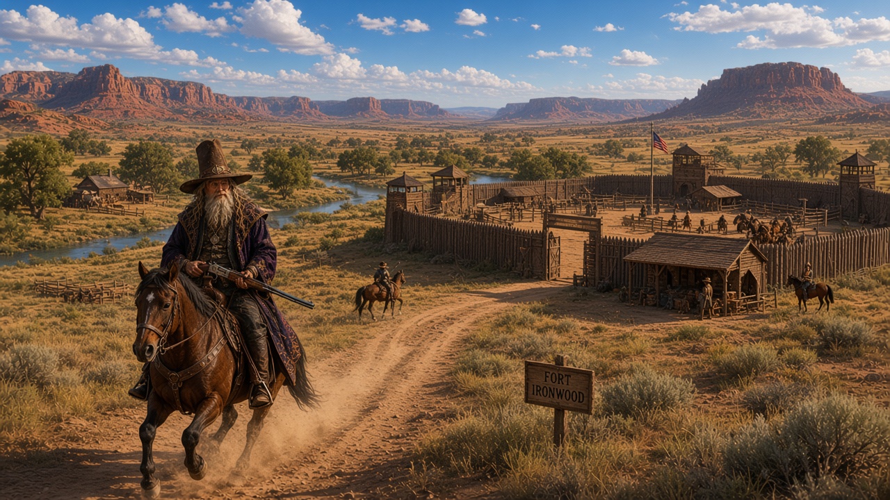 The wizard-sheriff riding up to Fort Ironwood
