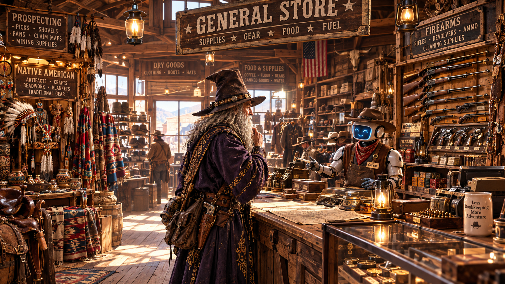 A frontier general store: dry goods, firearms, and a long counter