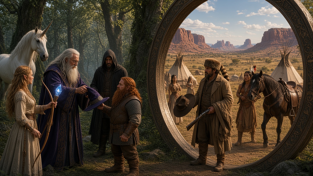 The wizard hands his hat and staff to fantasy adventurers as a free-floating gate opens onto a Plains camp: a Native warrior leads a saddled horse, a mountain man in a coonskin cap offers a duster, tall Western hat, and Winchester