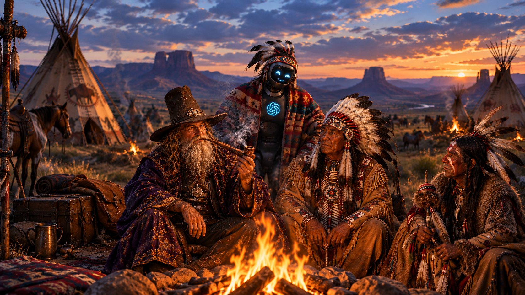 A plains camp at dusk: Native American hosts and a visitor share a fire among lodges