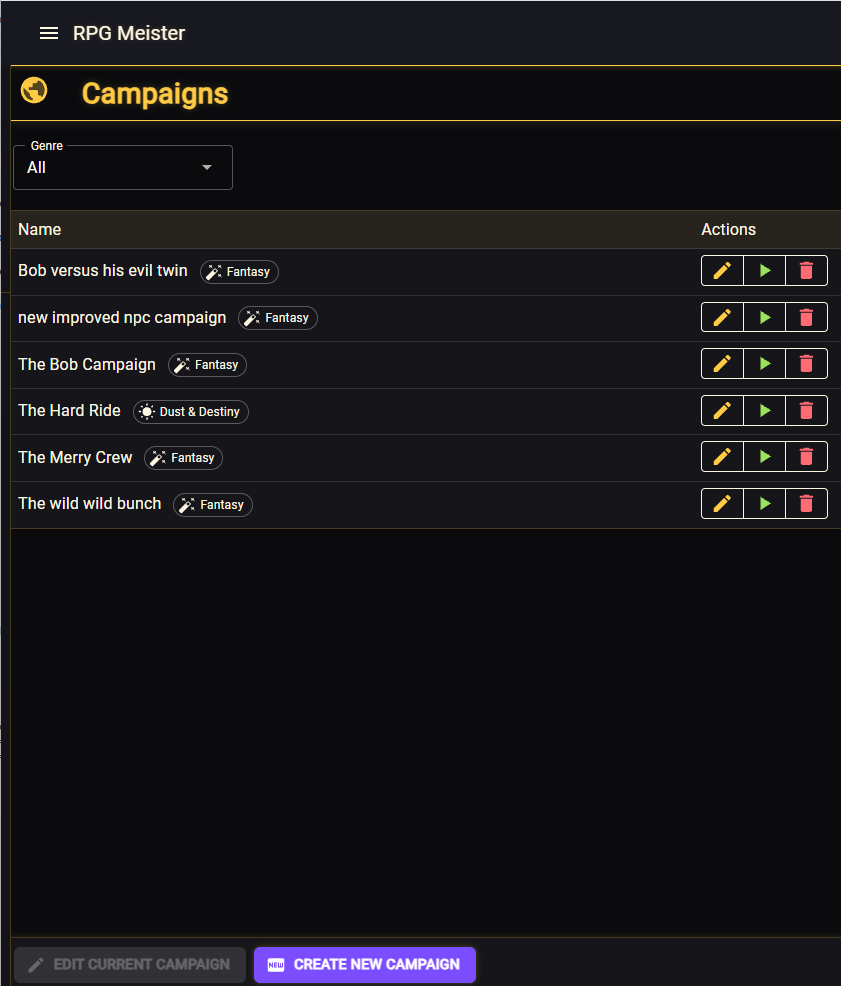 Campaigns list with genre chips and Edit, Play, and Delete actions per row