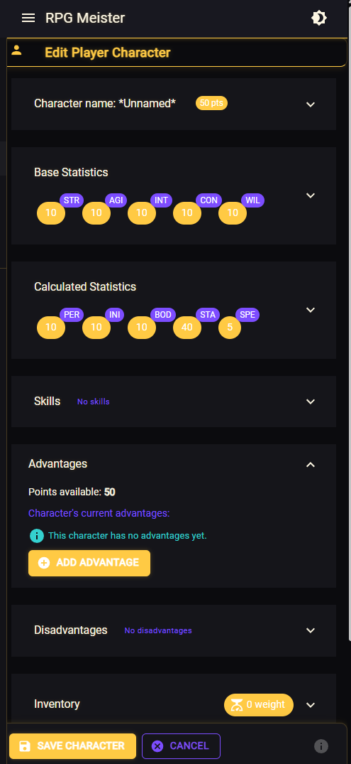 Edit Player Character screen with stats, skills, and Save Character