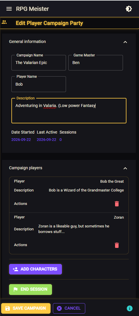 Edit Player Campaign Party with campaign name, GM, and party members