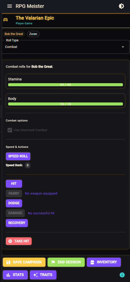 Player Game combat rolls with Hit, Parry, Dodge, and Take Hit