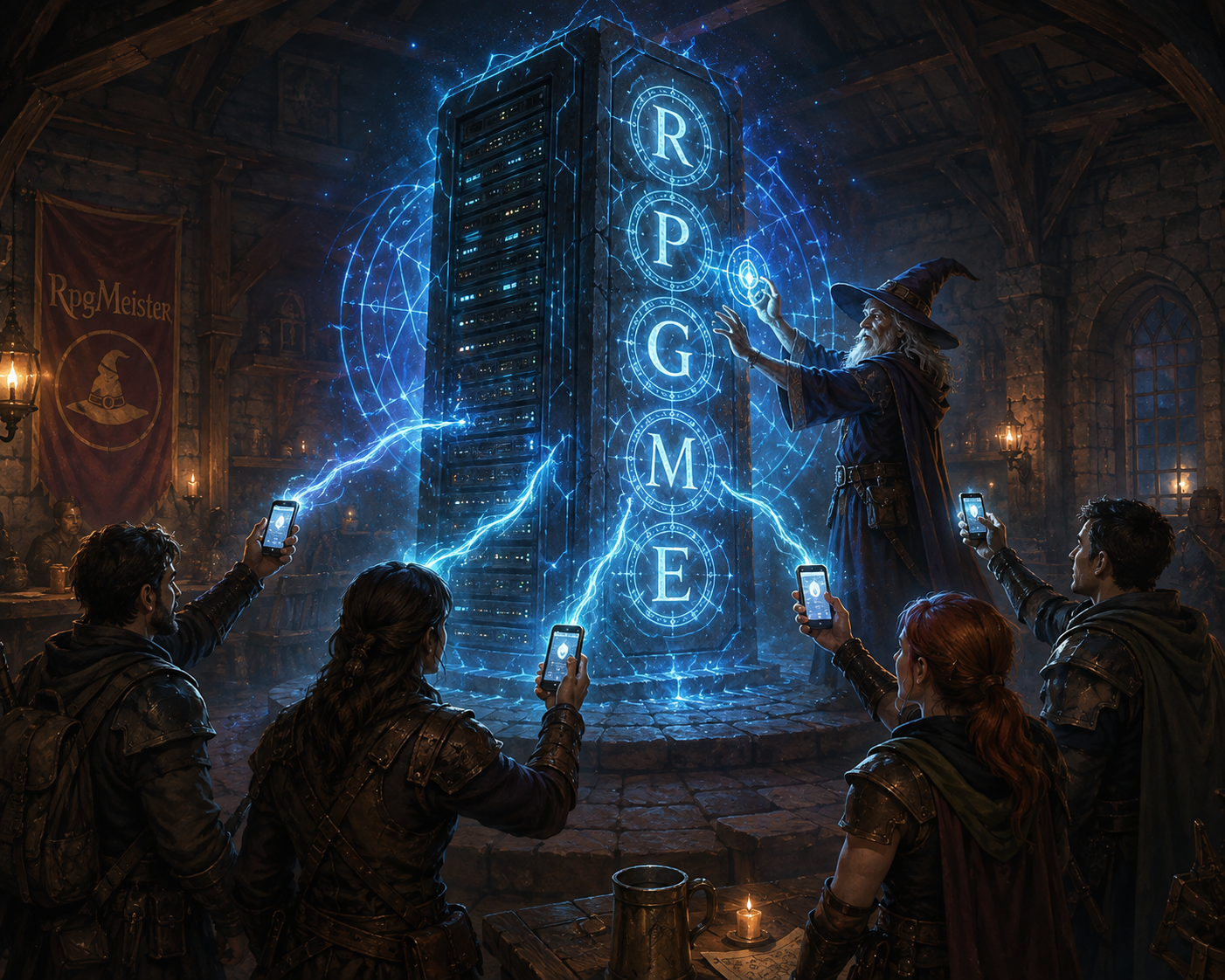Fantasy adventurers at a tavern table: each player's phone sends glowing data to a central RpgMeister server while the game master receives the party
