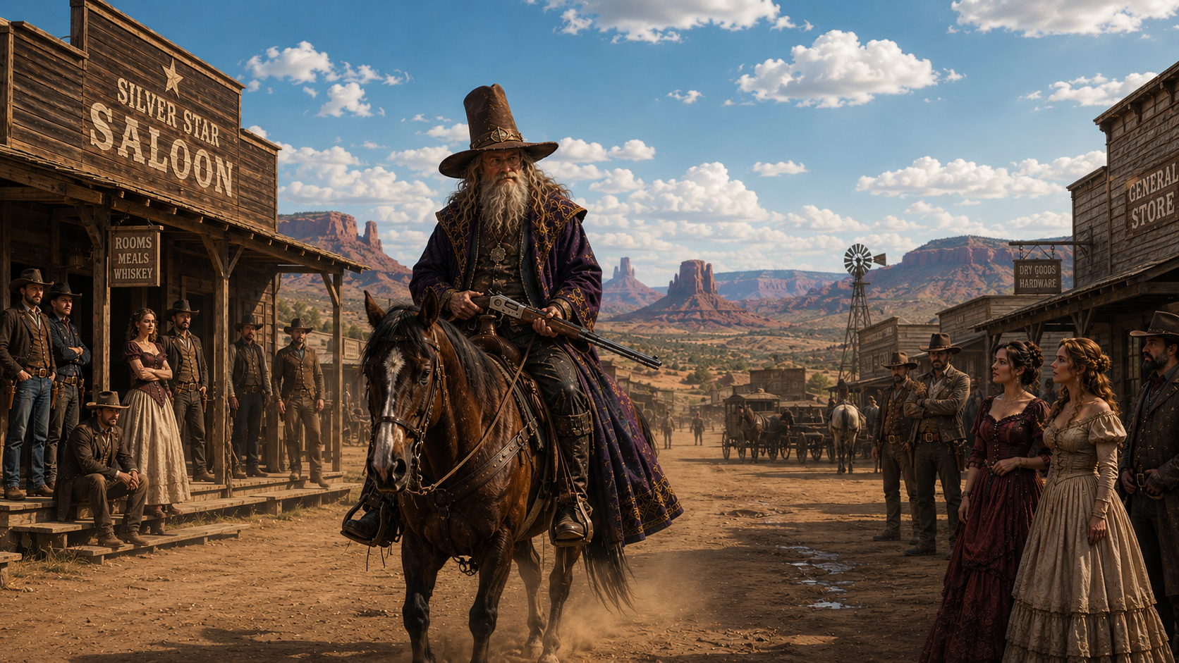 A wizard-sheriff rides down the main street of a frontier town past the Silver Star Saloon